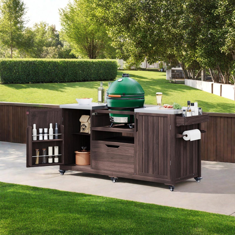 66.5" Outdoor Kitchen Island for Big Green Egg Grills, Grill Cart with Stainless Steel Top and Drawer, Brown