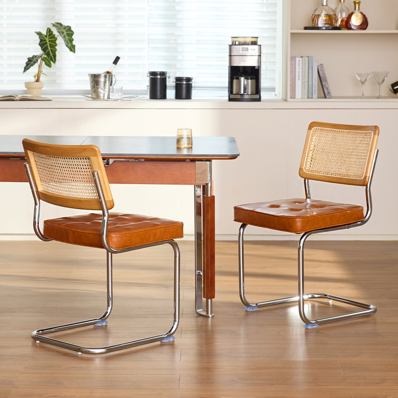 Ensemble de 2 chaises de salle à manger en similicuir brun en rotin, chaises de salle à manger modernes en bois de style Mid-Century, chaise de cuisine canne à dossier en filet, chaises Cesca Design avec pieds chromés en métal