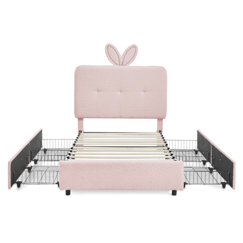 Lit tapissier pour enfants avec tête de lit à oreilles, lumière DEL et 4 tiroirs de rangement, tissu Boucle, Lit simple, Rose