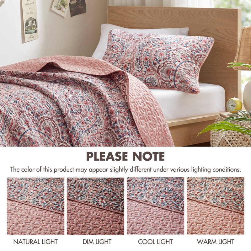 Boho Reversible Twin Bedding Set, Lightweight Polyester Quilt With Floral Design