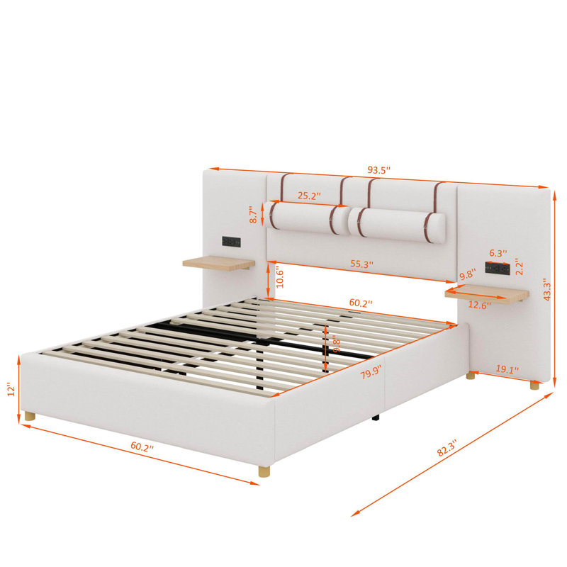 Grand lit plateforme tapissier avec ports de charge USB, Beige