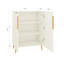 Buffet blanc moderne pour la présentation et le rangement de la salle à manger, poignées dorées, esthétique épurée, options de rangement polyvalentes, bois d'ingénierie, armoire compacte limitée avec poignées, barre de cuisine, élégant