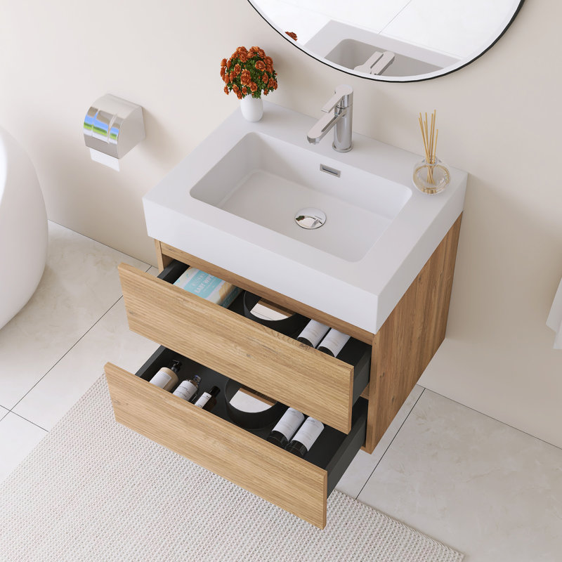 24" Wall-Mounted  Bathroom Vanity With White Solid Surface Basin, 24"