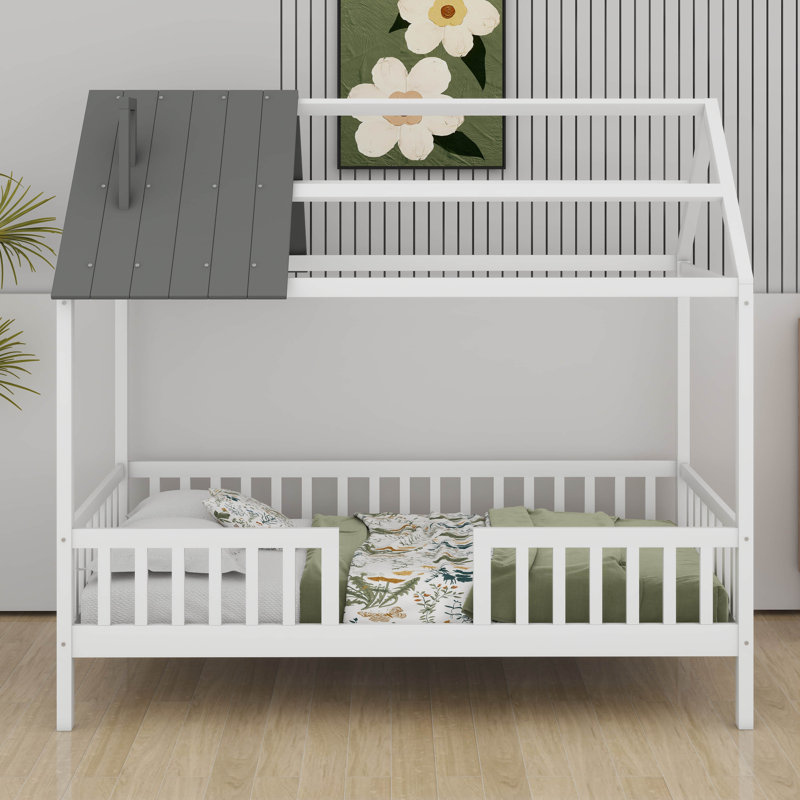 Lit simple en bois en forme de maison, Blanc / Gris