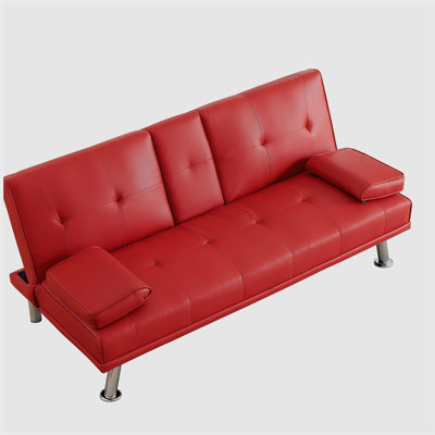 67-inch Red Leather Multifunctional Double Folding Sofa Bed with Coffee Table for Office Use