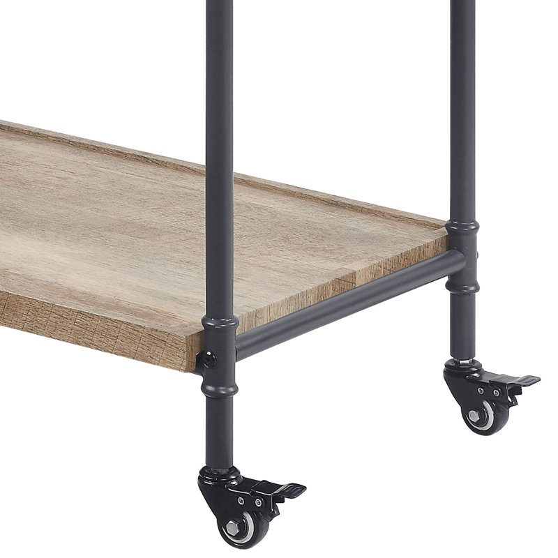 Chariot de service rustique à 2 tablettes en chêne et noir sableux - verres à pied, roues verrouillables, espace de rangement généreux