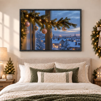 Art sur toile, branche de pin allumée avec ornements et ville enneigée de Noël