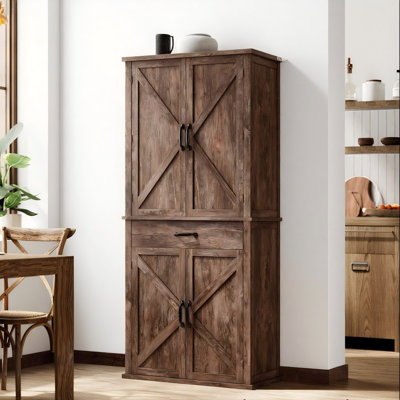 Farmhouse Pantry Cabinet, 70.3" Tall Kitchen Storage Cabinet with Barn Doors, Drawer, Tray, Adjustable Shelves by Gracie Oaks