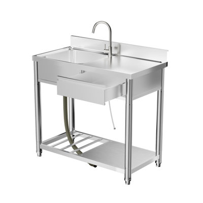 Évier de terrasse de jardin de 39 pouces, évier multifonctionnel en acier inoxydable 304 avec banc de travail et support de rangement, équipé de robinets d'eau chaude et froide à 360 °