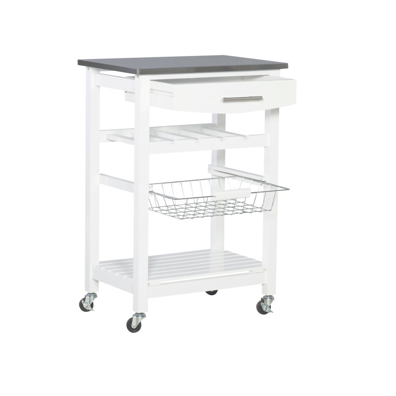 Macy Rolling Granite Kitchen Cart with Utility Drawer & Basket, Gray, Stainless Steel
