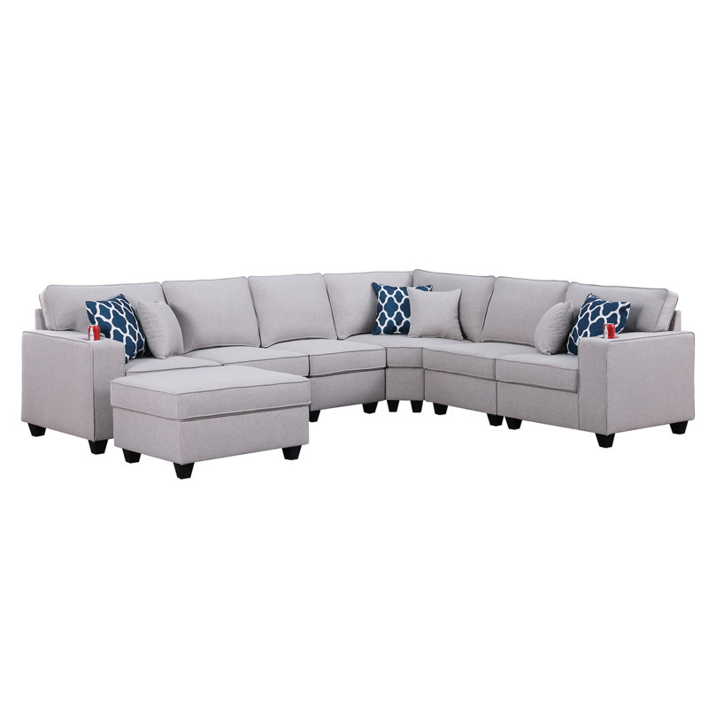 Canapé modulaire en L 125 po réversible 7 pièces avec 6 coussins décoratifs, dossier de 18 po, pieds en plastique bruns de 3,25 po, sièges rembourrés en mousse, profondeur de 23 po, hauteur des accoudoirs de 24,25 po