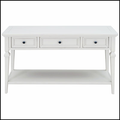 Console classique de style rétro classique avec trois tiroirs supérieurs et une tablette inférieure ouverte, facile à assembler, blanc antique