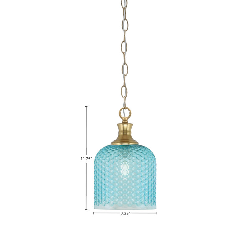 Luminaire suspendu à chaîne Quapaw avec verre texturé turquoise de 7 po, Laiton New Age