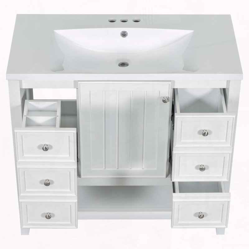 Meuble-lavabo en bois massif 36 po avec lavabo, armoire, trois tiroirs et tablette ouverte 36 po, White