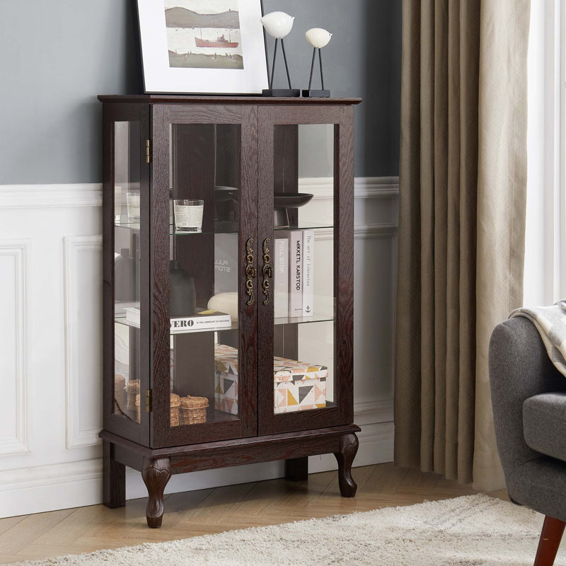 2 Doors Curio Cabinet With Tempered Glass Doors, Curio Cabinets With Mirrored Back Panel And Adjustable Shelves, Lighted Display Cabinet For Home, Office Light Bulb Included