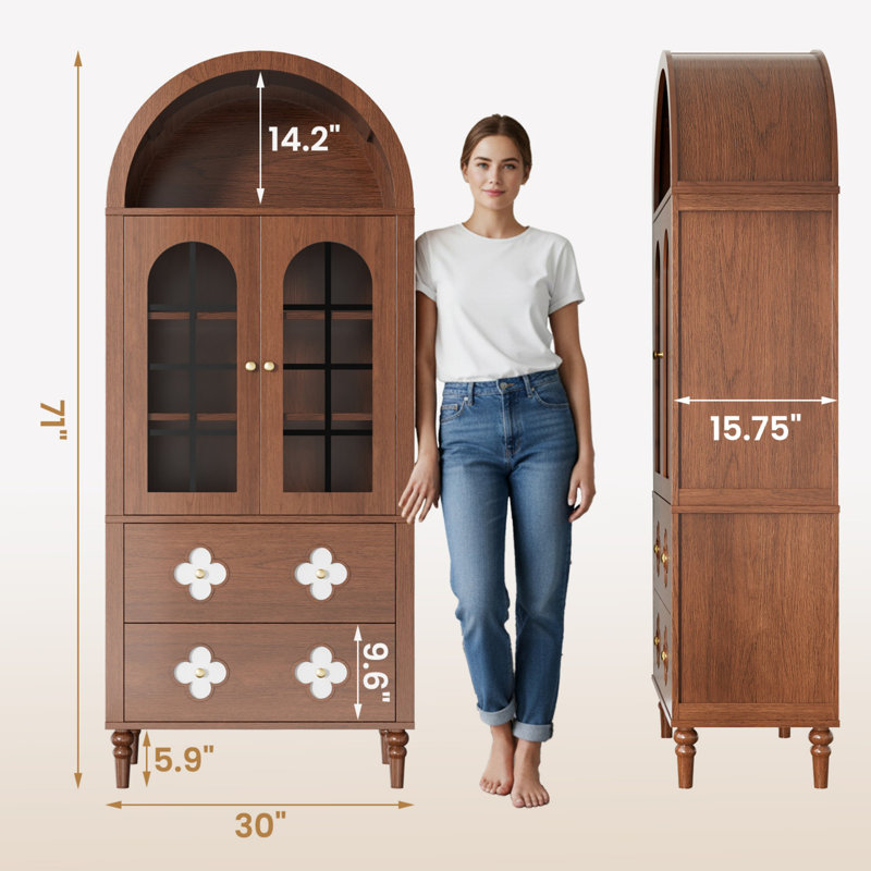 Arched Display Cabinet with Glass Doors, 4-Tier Storage Cupboard, Walnut