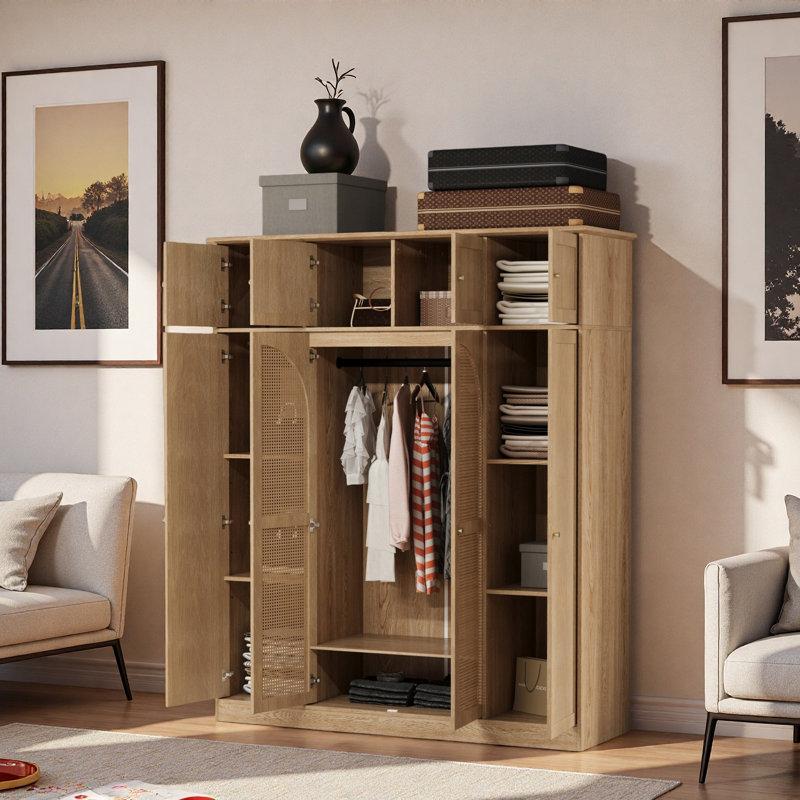Armoire-penderie à grande capacité avec tringle, tablettes réglables et portes décoratives en rotin, Naturel