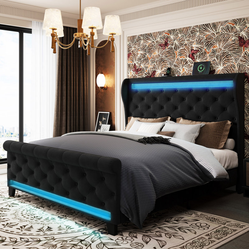 Tufted Velvet Platform Wingback Bed With Light, Black, Queen