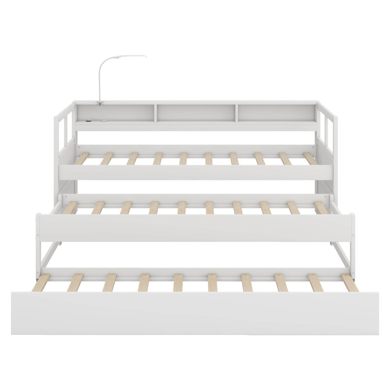 Multiple Twin XL Daybed  With 2 Trundles And 3 Storage Cubbies, Solid Wood Daybed Frame With A Light For Free And USB Charging Design, Space Saving Design