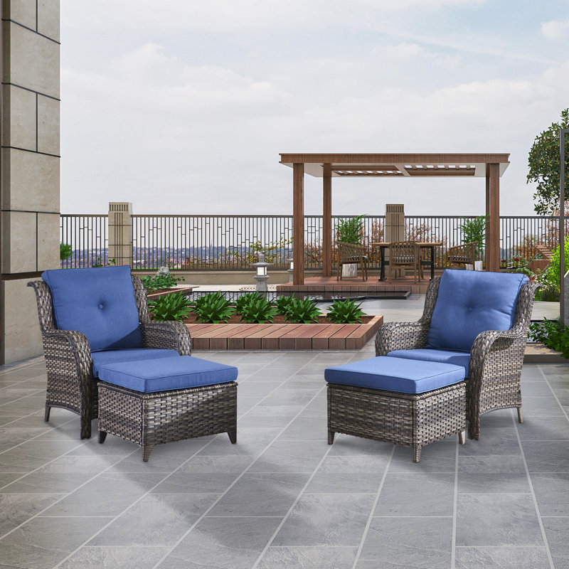 Deb Wicker Patio Chairs with Cushions, Gray/Blue