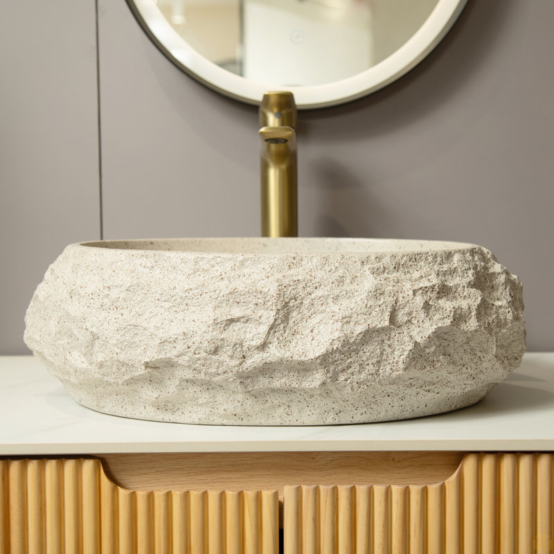 Lavabo de salle de bain 18 po, vasque irrégulière ovale en résine avec motif de pierre, Beige