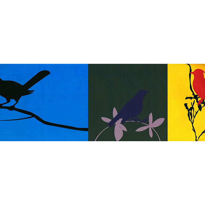 Papier peint abstrait oiseaux mauves Funchess, Rouge / Jaune / Bleu