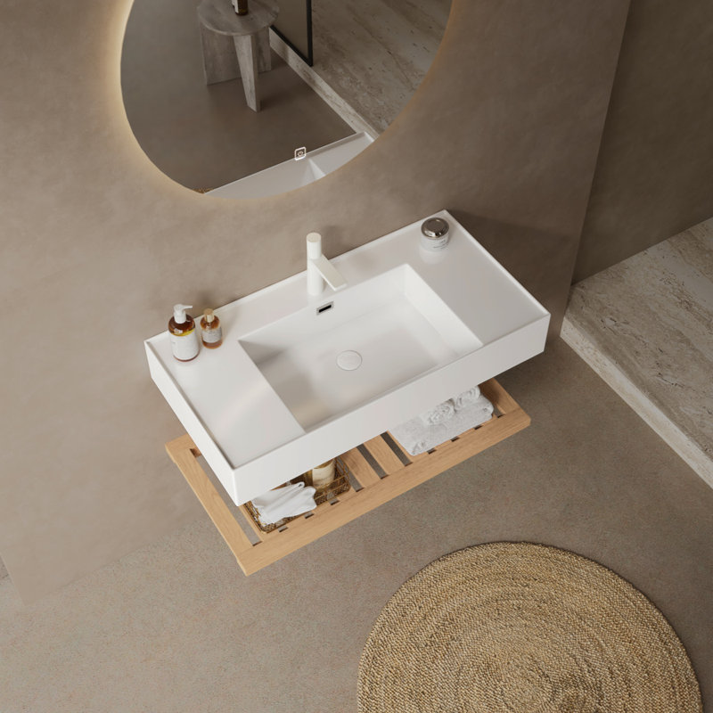 Bathroom Vanity With Vessel Sink, Wall-Mounted Floating  Rectangular Acrylic Integrated Basin Without Faucet, Striped Shelves Layer