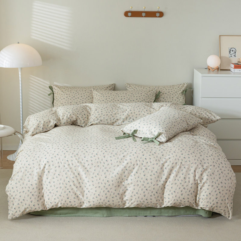 Pure Cotton Floral Print Bedding Duvet Cover Set - Green Floral, Queen Duvet Cover + 2 Queen Pillowcases