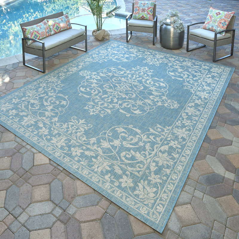 Paseo Antonin Oasis Blue Traditional Floral Medallion Flatweave Indoor/Outdoor Area Rug, Rectangle 6'6'' x 9'6"