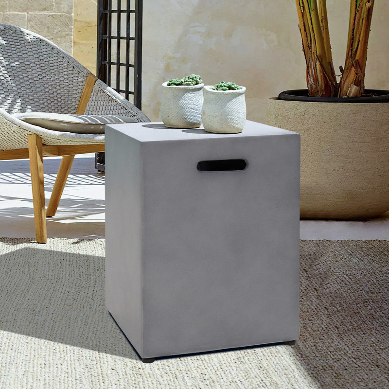 Grey Square Propane Tank Cover Table – 20 lb Outdoor Concrete Tank Hideaway with Side Handle for Patio or Deck, Gray