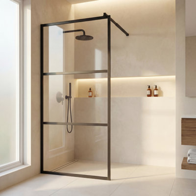 32" x 72" Framed Fixed Shower Glass Panel – 1/4" (6mm) Tempered Safety Glass with Explosion-Proof Film, 3-Panel Walk-In Screen, Adjustable Support Bar, Bonus Glass Sealant Included – Black
