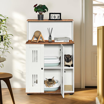 Double Litter Cabinet, Hidden Cat Room For 2 Cats, Multi - Use Design, Doors, Air Holes, Particle Board Material Functional Box Furniture, Side Cabinet Functionality, Privacy And Storage, White