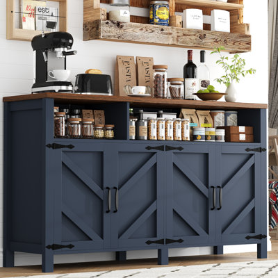55" Large Buffet Sideboard with 4 Doors, Farmhouse Kitchen Storage Cabinet with Adjustable Shelves, Wooden Cabinet Sideboard and Coffee Bar Cabinet Ta by knoworld