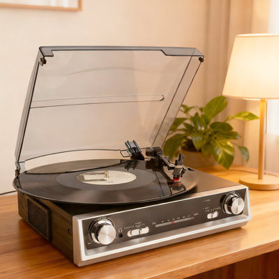 Platine vinyle rétro CrosAudio avec entraînement par courroie à 3 vitesses, stylet double fonction, radio FM et prise casque 3,5 mm, phonographe vintage noir pour disques vinyles