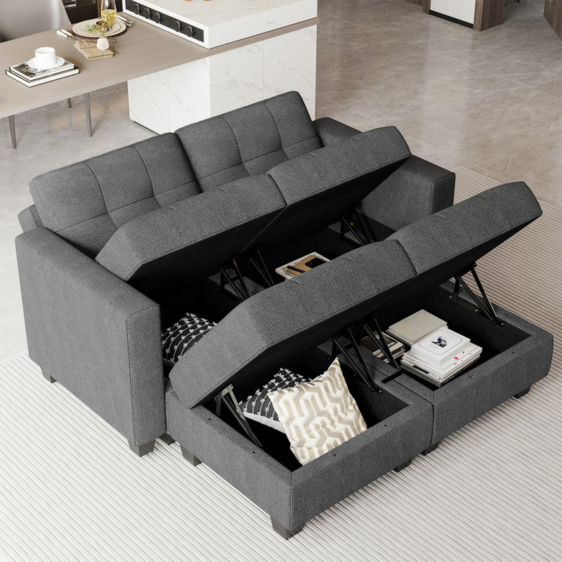 Canapé-lit modulaire rembourré en polyester avec rangement capitonné 63,8 po Ayden Hunsicker, Mélange de lin gris