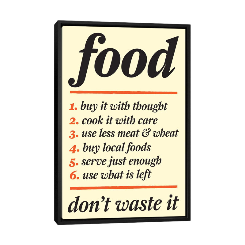 Art textuel sur toile, "not gaspilled food" Kitchen, H 26 po x l 18 po x P 1,5 po, Toile avec cadre flottant noir
