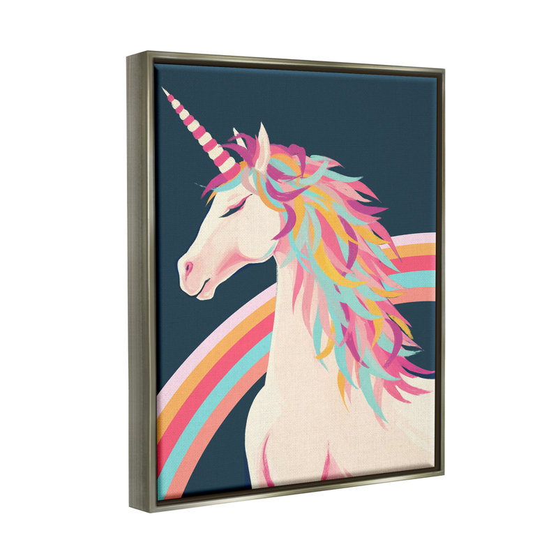 Licorne crinière arc-en-ciel par Ziwei Li, H 21 po x l 17 po x P 1,7 po, Cadre flottant gris lustré