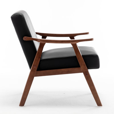 Fauteuil d'appoint moderne en bois massif, de style milieu du siècle, avec dossier, revêtement en cuir PU noir, idéal pour la chambre, le salon ou un coin lecture. Pieds enveloppants, revêtement en cuir, décoration intérieure, montage rapide inclus.