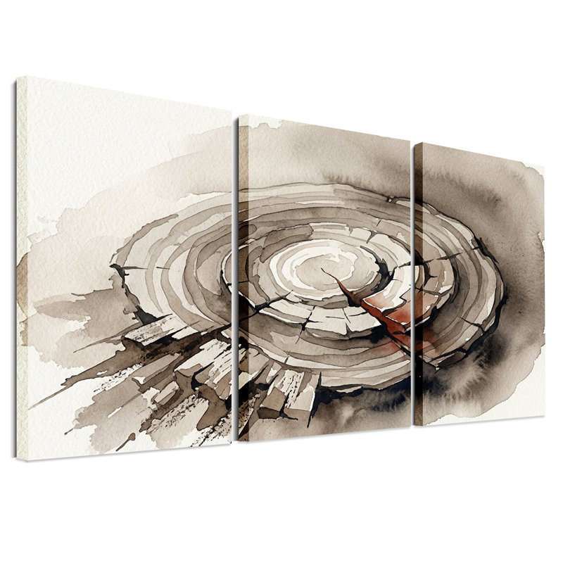 Ensemble de 3 toiles murales de style aquarelle représentant les anneaux de croissance d'une souche d'arbre
