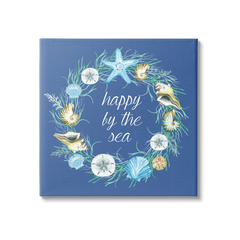 «Happy By The Sea», calligraphie aquatique, couronne de coquillages noirs, estampe numérique de Sharon Lee, Toile tendue