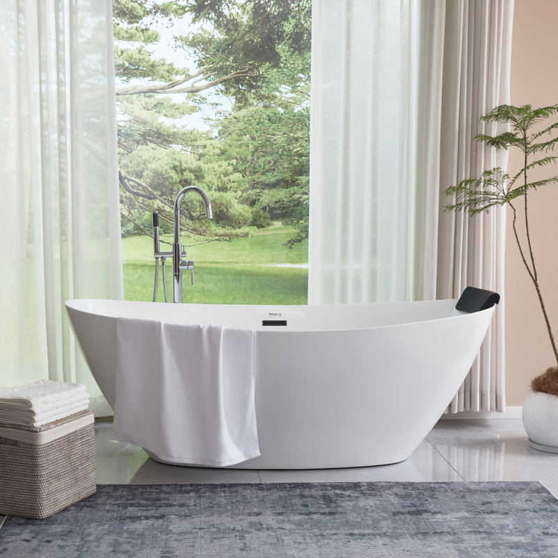 71" x 33" Freestanding Soaking Acrylic Bathtub, White/Matte Black