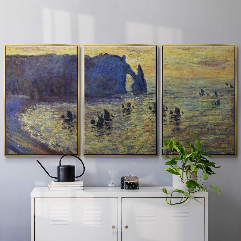 Falaises à Étretat, 1886, reproduction sur toile 3 pièces, H 24 po x l 48 po, Encadrement doré