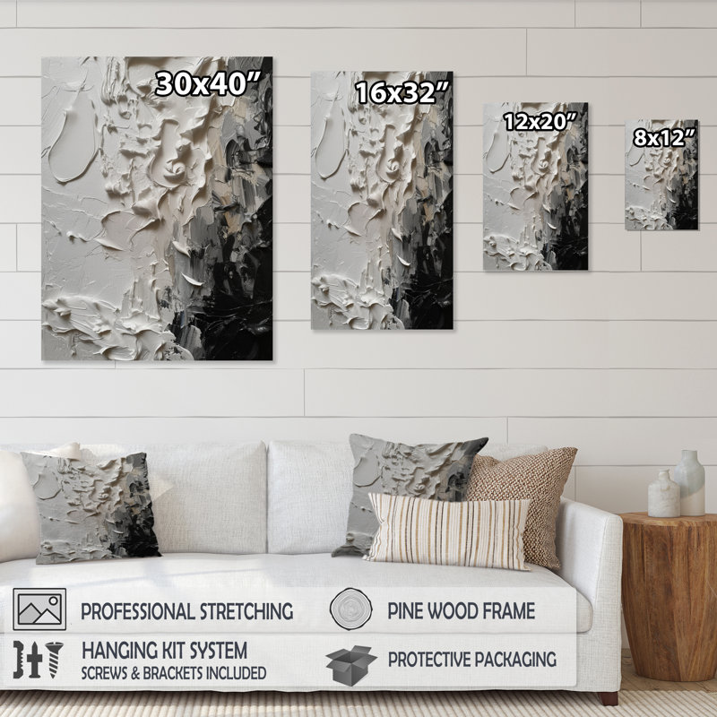 Impression sur toile abstraite blanche et noire Tranquility Unleashed IV, Cadre photo noir, H 20 po x l 12 po x P 1 po