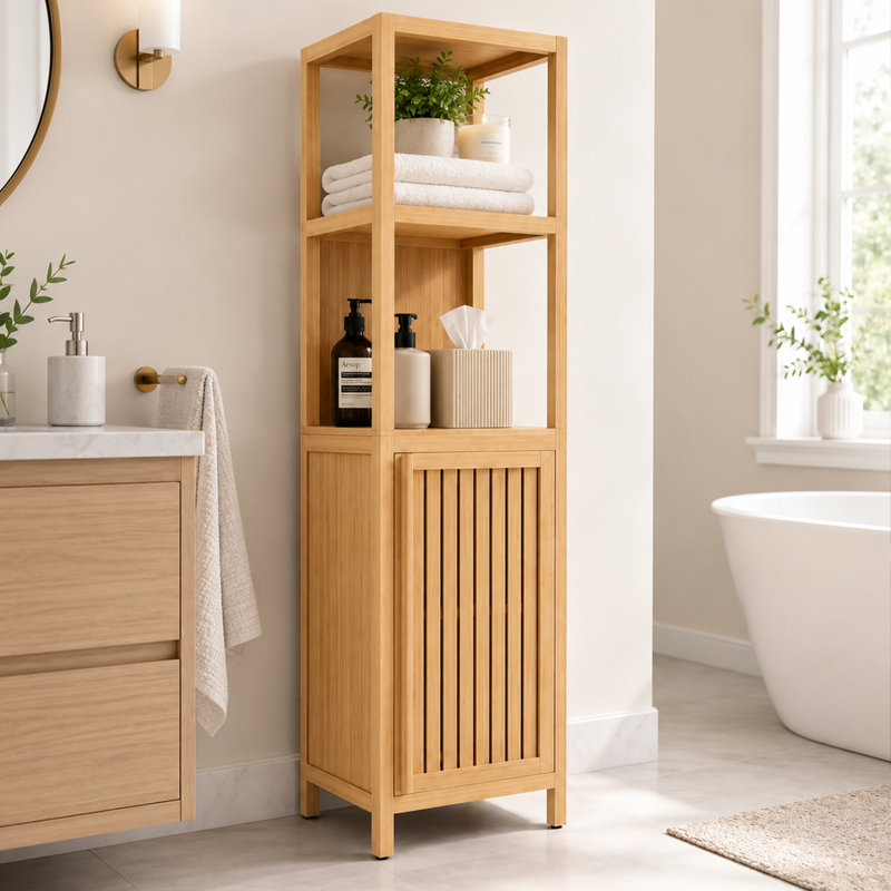 Selvora Tall Bamboo Bathroom Storage Cabinet Freestanding for Small Spaces, Brown