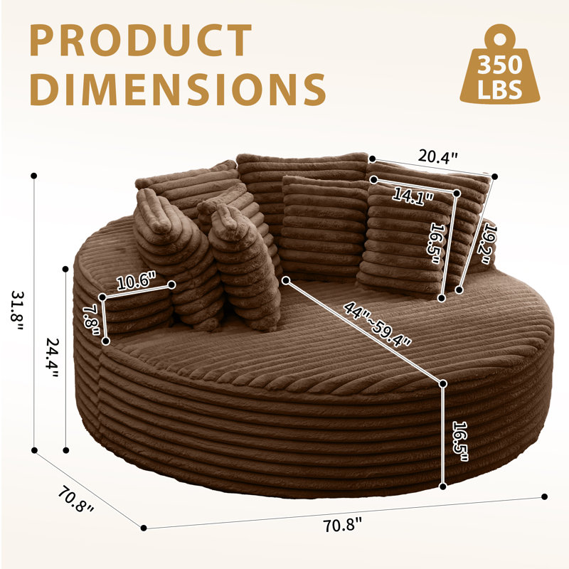 Chaise longue en velours côtelé brun foncé de 70,8 po d'intérieur, aucun assemblage requis, parfaite pour une salle de projection