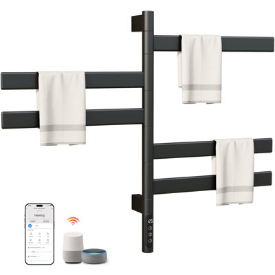 ENZE Smart Rotating Heated Towel Rack for Bathroom, 5-Bar Wall-Mounted Electric Towel Warmer 120W with Swivel Bars, Wi-Fi App Control, 24H Timer, Stainless Steel, IPX5, Hardwired/Plug-in, Matte Black