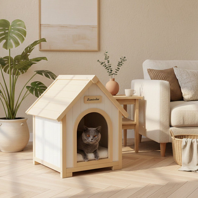 Maison pour animaux FSC en cèdre massif - Cabane jaune crème pour petits chiens et chats