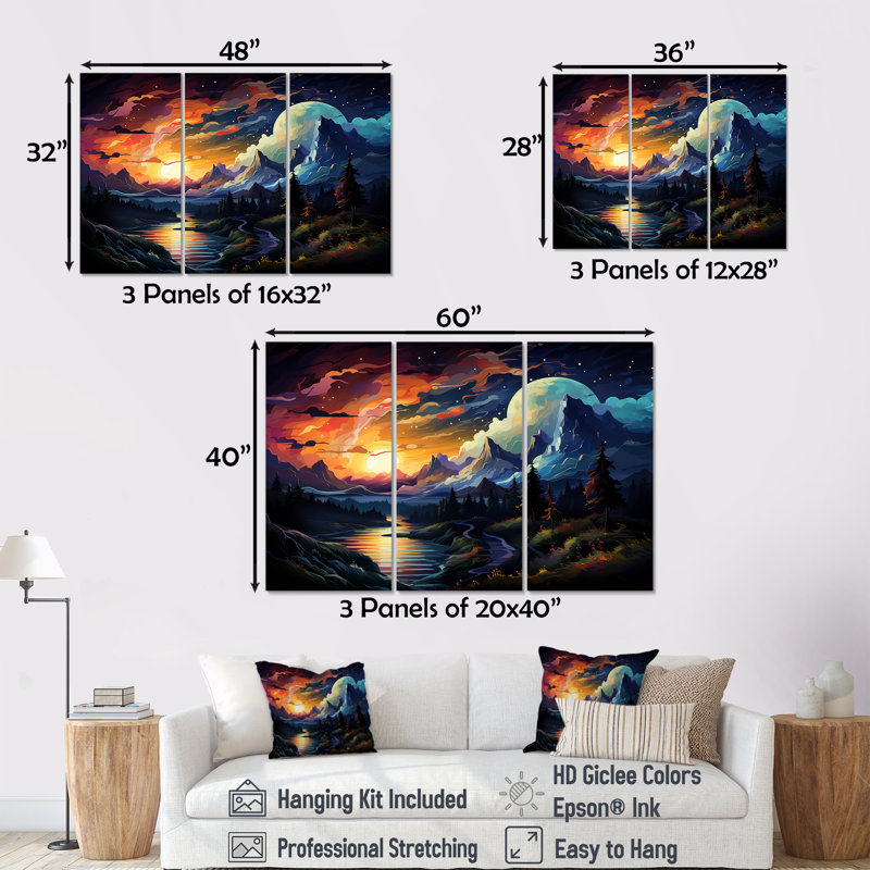 «Yellow Lakeside Mountain Sunset Wonderland II», art mural forêt et rivière, Toile tendue, H 28 po x l 36 po x P 1 po