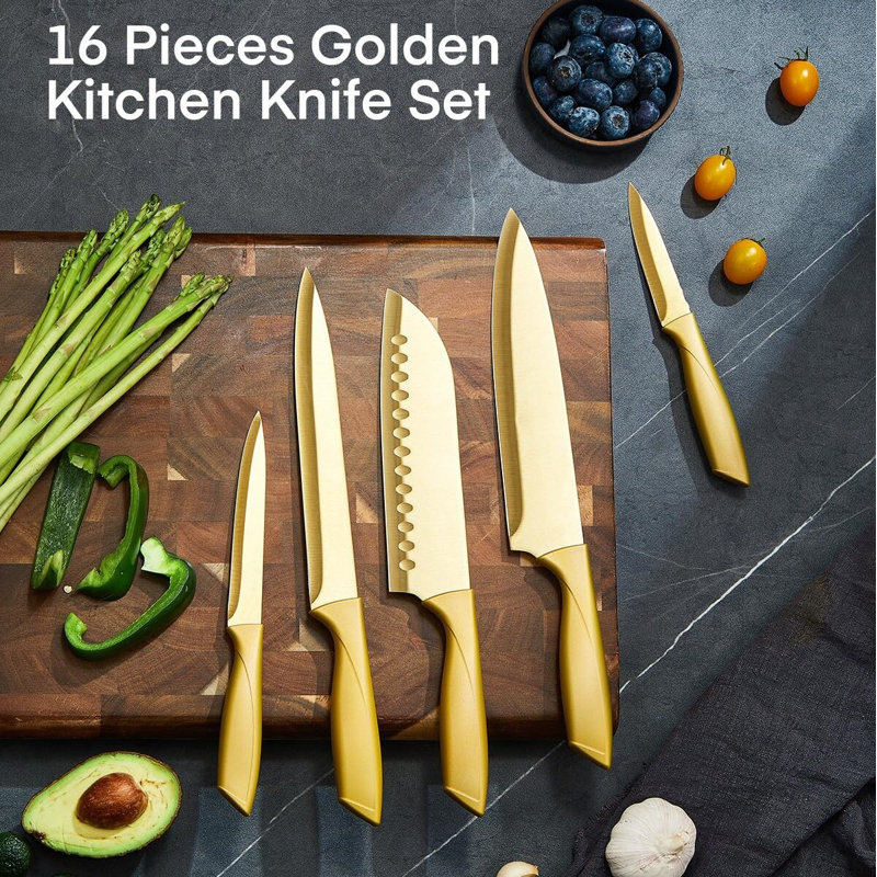 MARLIN MANUFACTURING COMPANY, INCORPORATED Knife Set, 16 Pieces High Carbon Stainless Steel Golden Color Kitchen Knife Set, Titanium Coating Blade, No Rust And Super Sharp Cutlery Knife Set With Acrylic Stand And Kitchen Scissors, Gift