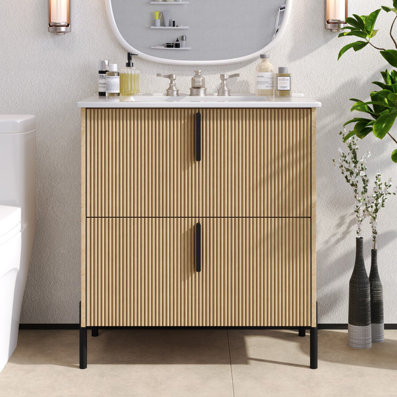Meuble-lavabo de 30 po avec lavabo en céramique et tiroirs pleine extension, glissières de tiroir à fermeture en douceur, conception cannelée, naturel